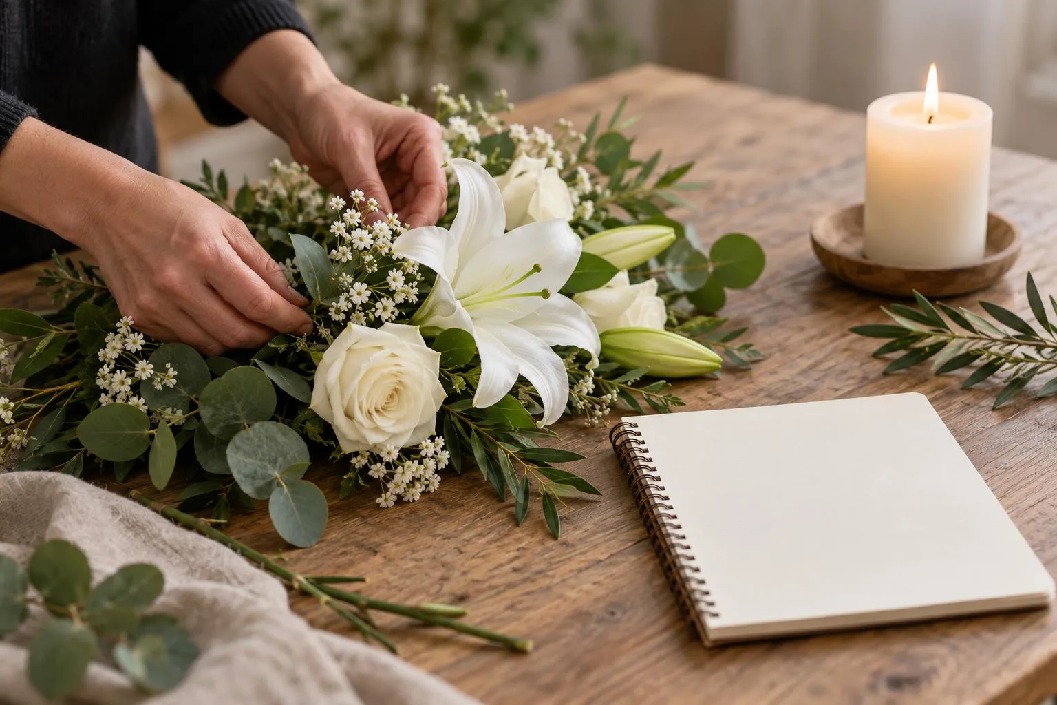 Hände arrangieren einen würdevollen weißen Blumenschmuck